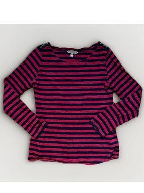Banana Republic Women's Red and Navy Blue Striped Button Boat Neck Top M Medium